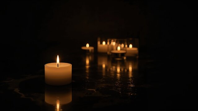 Flickering candlelight on a dark surface marking a day of reflection.