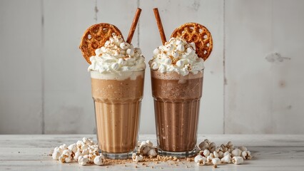 Decadent milkshakes loaded with caramel, chocolate, brezel waffles, popcorn, marshmallows, ice cream, and whipped cream