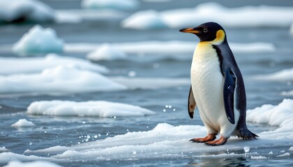 Obraz premium a penguin standing amidst floating icebergs in an icy environment