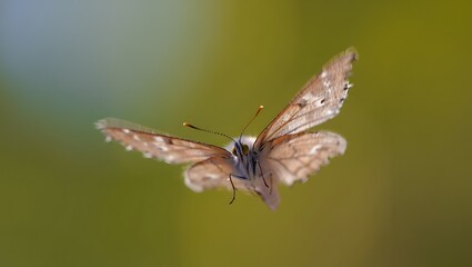 Close up of a brown butterfly with delicate wings in flight