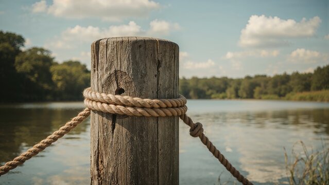 Dock post encircled by a mooring line