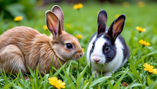 an endearing moment between two rabbits in a grassy field, surrounded by wildflowers