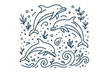 Fototapeta premium Playful dolphins in continuous line art style vector illustration. Marine animals swimming in the ocean with waves and seaweed. Aquatic life concept for nature and wildlife design.