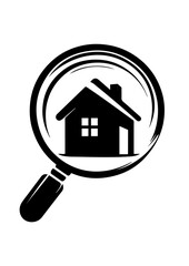 Real estate search icon with magnifying glass and house symbol on white background