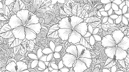 Black and white tropical floral pattern with hibiscus, plumeria, and swirling decorative elements