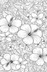 Intricate black and white line drawing of tropical hibiscus flowers and lush foliage, creating a detailed floral pattern