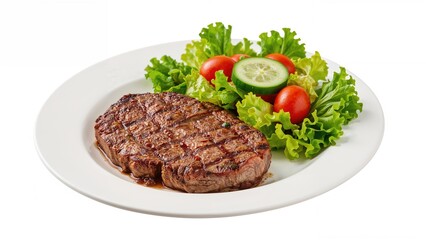 Healthy beef dish paired with salad displayed on a white background