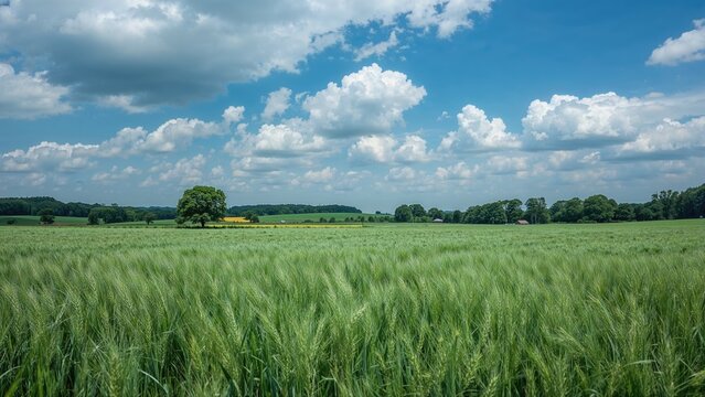 Serene summer landscape showcasing green fields, trees, and wheat