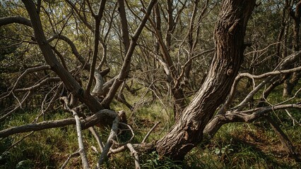 Wrecked Tree Trunks in a Forest Setting