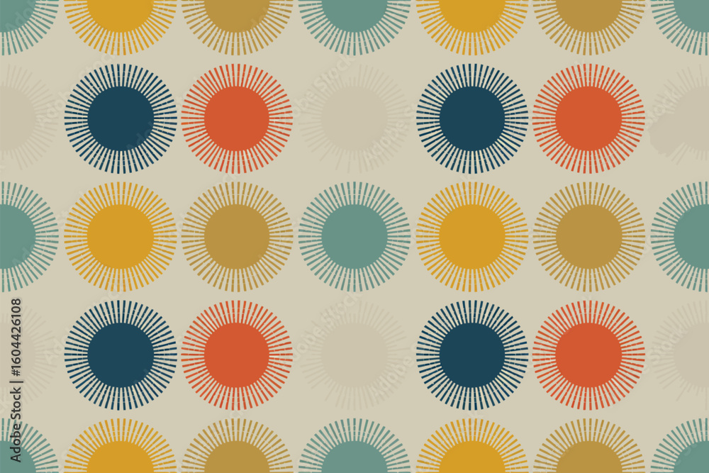Poster repeating pattern of colorful circles with radiating lines on a light beige background creating a te