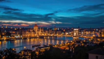 Blurred backdrop featuring illuminated bridge lights at twilight