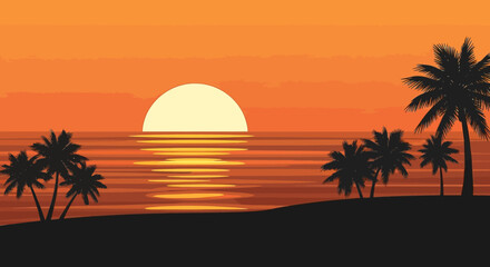 Serene Tropical Beach Sunset with Palm Trees Silhouette and Golden Reflections on the Ocean Water