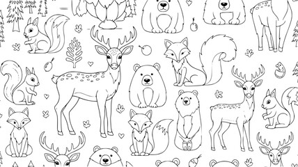 Fototapeta premium Charming forest animals including deer, fox, bear, and squirrel in a delightful woodland illustration