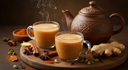 Fototapeta premium Steaming Brown Chai Tea with Spices on Wooden Board