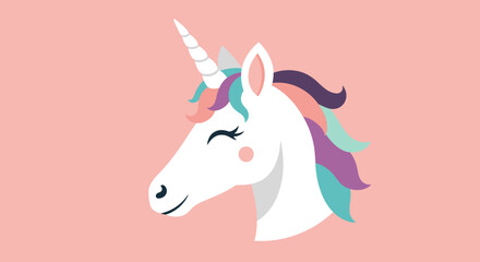 Enchanting Unicorn Illustration with Pastel Hair and Dreamy Expression on Coral Backdrop