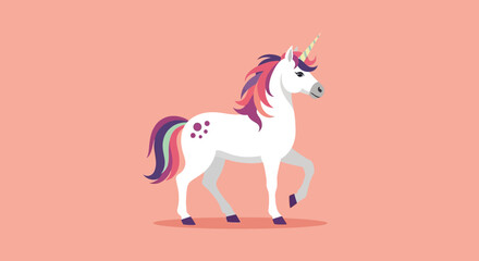 Obraz premium Enchanting Unicorn Illustration with Pastel Hues and Graceful Stance Against a Soft Coral Backdrop
