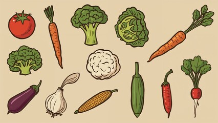 Vector artwork featuring a variety of fresh vegetables from the garden such as tomato, carrot, broccoli, cabbage, pepper, onion, garlic, radish, cauliflower, zucchini, corn, and peas.