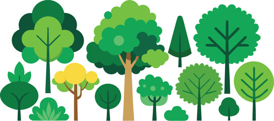 A cheerful collection of various green trees and bushes in a simple flat illustrative style