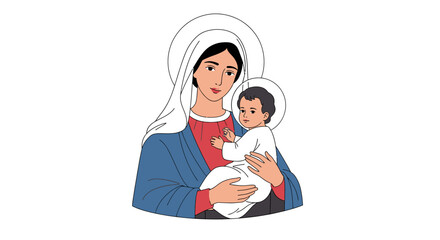 Fototapeta premium Iconographic Depiction of the Virgin Mother Holding the Infant Child with Stylized Haloes, Illustration150 characters