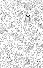 Fototapeta premium Playful cosmic adventure with aliens, rockets, and planets in a doodle art style