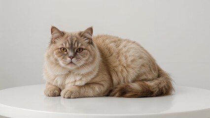 White Table Supporting a Relaxed British Shorthair Cat