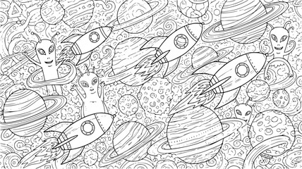 Obraz premium Dynamic space exploration featuring aliens and rockets amidst a backdrop of planets and cosmic swirls