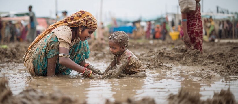 photo indian mother with son in rain puddle.Generative AI