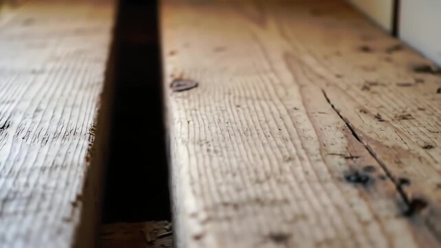 Close-up of old, weathered wooden planks with a dark gap between them, showing rustic texture