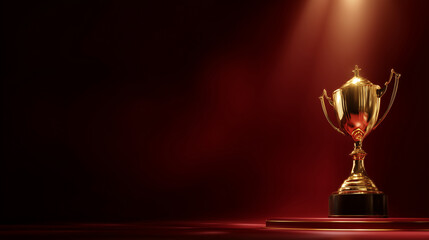 Gold trophy gleams under spotlight. Symbolizes victory, success. Suitable for marketing, awards, sports, achievements, business use.