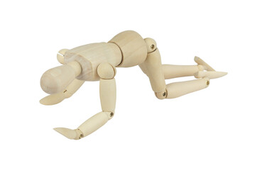 wooden man, wooden mannequin, crawling on all fours, isolated from background, concept of...