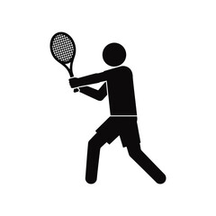 A black and white pictogram of a man holding a tennis racket