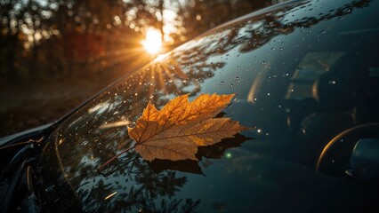 Detailed view of a leaf on a windshield bathed in warm sunset glow, symbolizing car cleaning and maintenance.