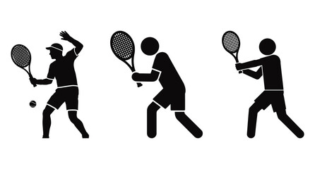 A black and white pictogram of a man holding a tennis racket