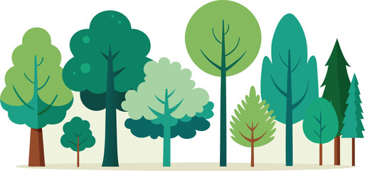 Vibrant collection of stylized trees in various shades of green and brown creating a cheerful forest