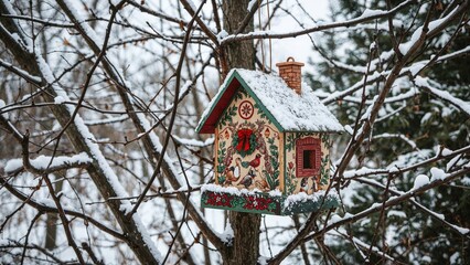 Colorful bird feeder amidst winter trees