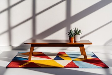 A low wooden coffee table sits on a geometric rug, adorned with two potted succulents, bathed in sunlight.