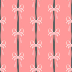 Seamless pattern of vintage pink bows, gray stripes, pink background. Design template for textiles, wrapping paper, postcards, covers, background.