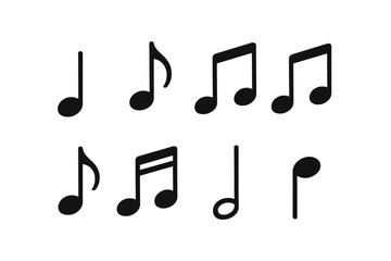 Musical notes vector icon set isolated on white. Black silhouette symbols for melody, song, composition, and sound. Quarter, eighth, and sixteenth note graphics.