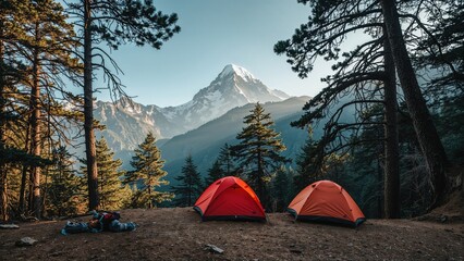 Hiking Expedition Camp Set Up with Red Tents and Mountain Backdrop