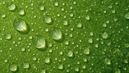 Bright droplets of water perched on a lively green surface, highlighting the crisp and sparkling vibe of a dewy start.