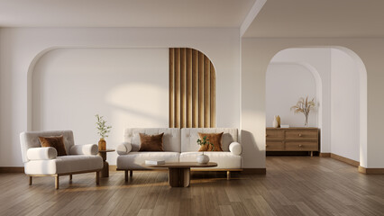 A cozy and warm living room interior with natural light, wooden floors, and an armchair against warm white walls.3d render