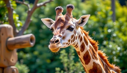in the heart of an outdoor enclosure, a giraffe stands tall amidst lush green foliage