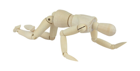 wooden man, wooden mannequin, crawling on all fours, isolated from background, concept of difficulties and pain