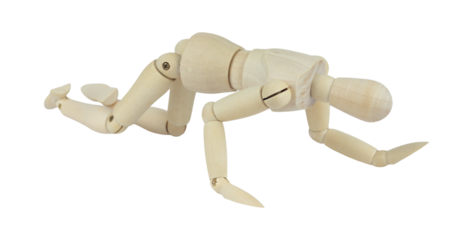 wooden man, wooden mannequin, crawling on all fours, isolated from background, concept of difficulties and pain