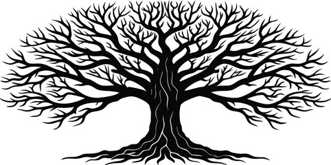 Stylized black silhouette of a large deciduous tree with intricate branches and roots