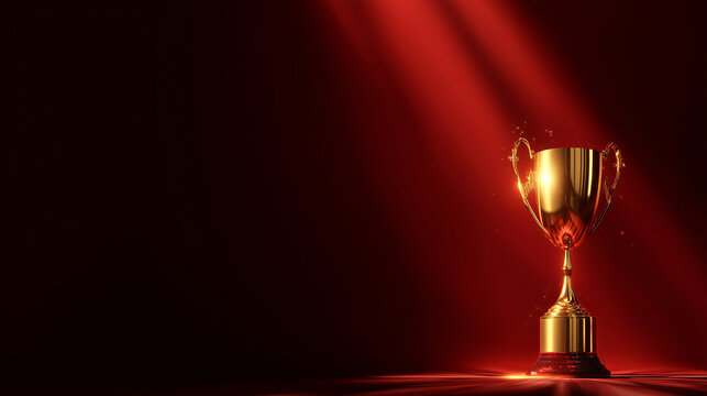 Spotlights shine on golden trophy cup, symbolizing victory. Use for marketing, advertising, websites, print.