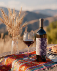 Bottle of Red Wine with Glass on Colorful Cloth Against Mountain Background and Wheat Ears