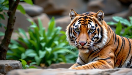 Obraz premium a majestic tiger in a natural setting. the tiger is situated among lush greenery with rocks visible in the background