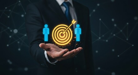 Businessman targets success with a glowing bullseye and people icons representing business goals and strategy
