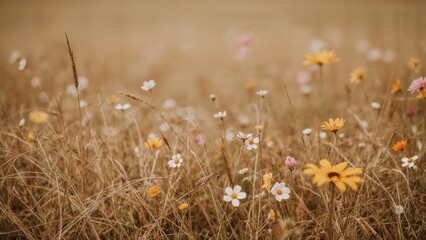 Soft focus on brown grass and blossoms in nature